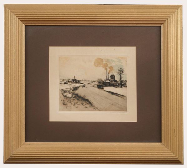 Michel Raffaelli - Signed. "Country with factories and chimneys" mixed media drawing on paper 20 x 15 cm