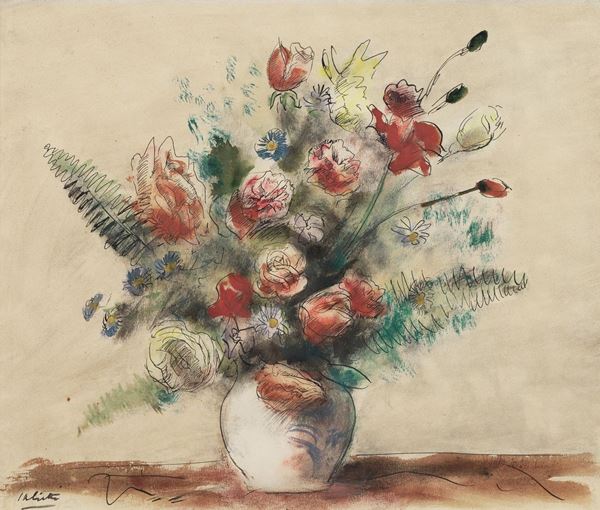 Alberto Salietti - Signed. "Vase of flowers" mixed technique on paper 30 x 35 cm