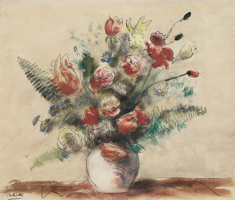 Firmato. "Vaso di fiori" tecnica mista su carta cm 30 x 35