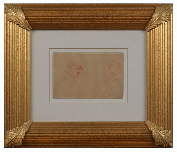 Pio Semeghini - Signed. "Profili" drawing in sanguine on paper 13 x 18 cm