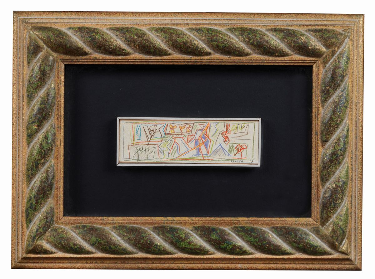 Firmato e datato 1973. "Senza Titolo" pastello su carta cm 7 x 20