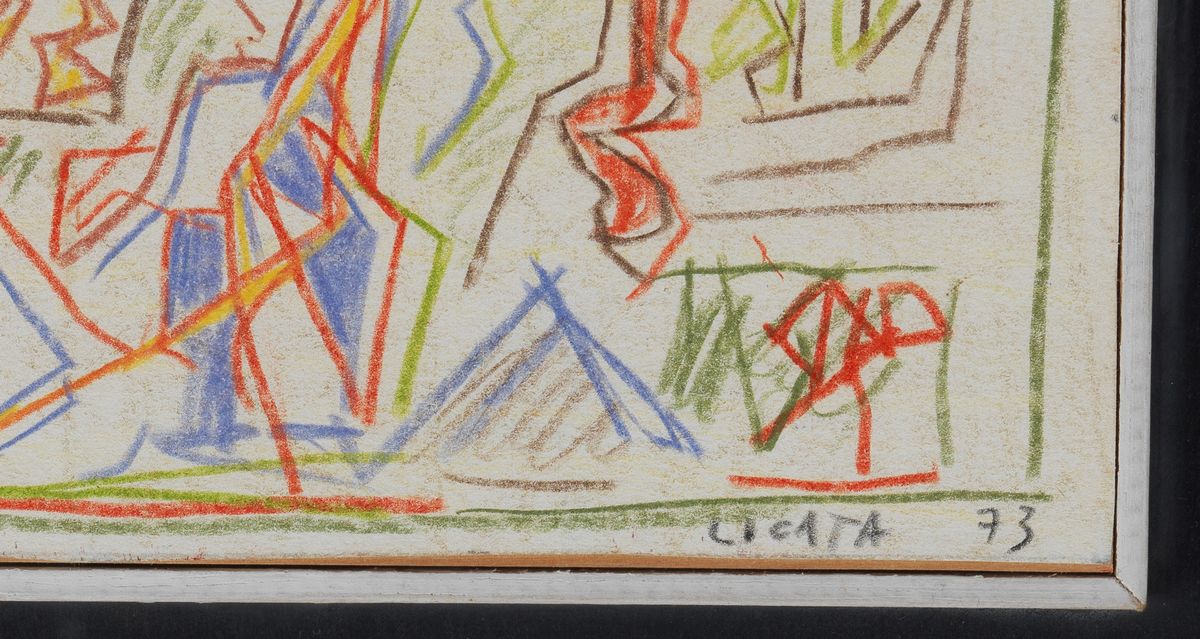 Firmato e datato 1973. "Senza Titolo" pastello su carta cm 7 x 20