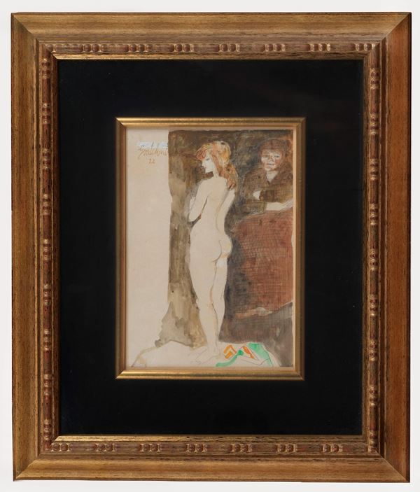 Franco Gentilini - Signed and dated 1972. "Susanna" watercolor on paper 27 x 20 cm