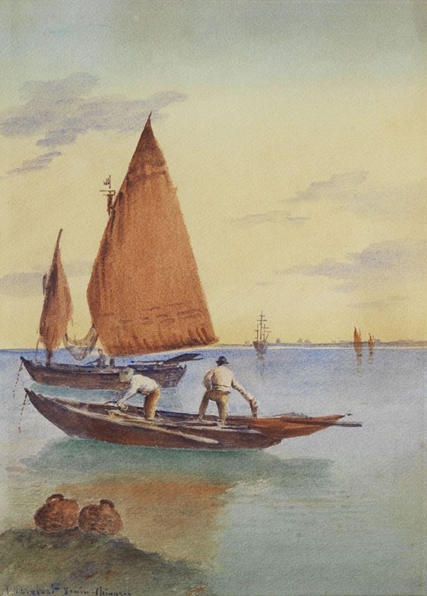 Joannes Josephus Vervloet - Signed. "Venice lagoon with fishing boats in Chioggia", watercolor on paper