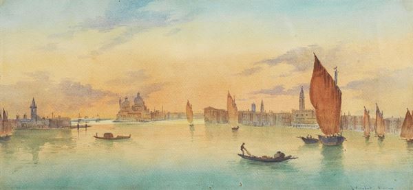 Joannes Josephus Vervloet - Signed. "View of Venice with boats and gondolas", watercolor on paper