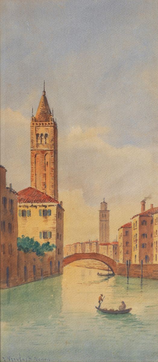 Joannes Josephus Vervloet - Signed. "Calle in Venice with gondola", watercolor on paper