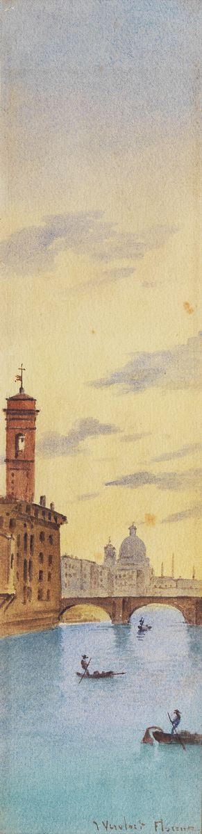 Joannes Josephus Vervloet - Signed. "View of Florence with the Arno", small watercolor on paper
