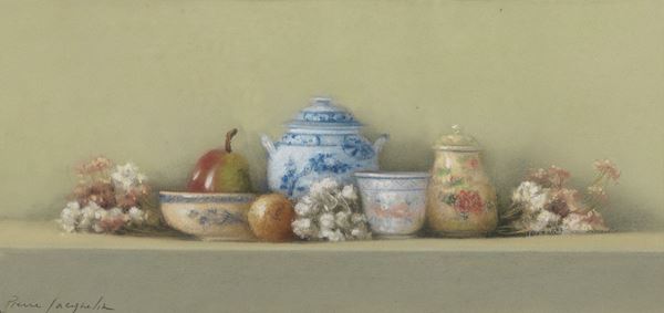 Pierre Jacquelin - Signed. "Still life with tableware, fruit and flowers", watercolor on paper