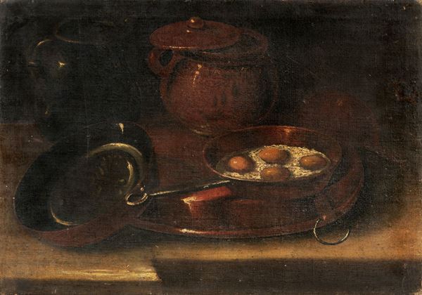 Pittore Lombardo Fine XVII - Inizio XVIII Secolo - "Still life with pots and eggs", small oil painting on canvas