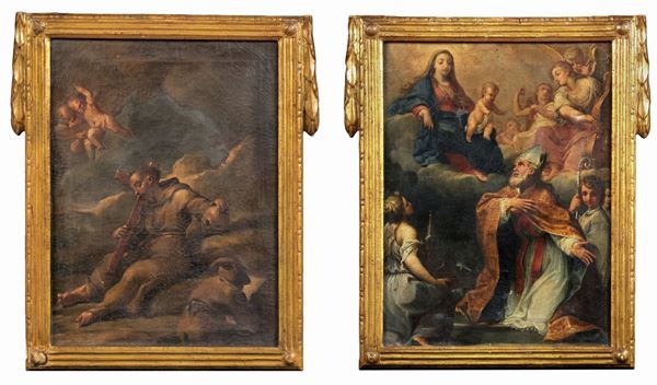Scuola Bolognese Fine XVII Secolo - "San Francesco penitente" and "Madonna with Child and St. Nicholas", pair of small oil paintings on canvas