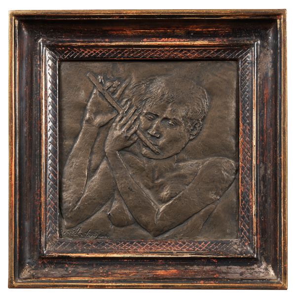 Pericle Fazzini - Signed. "Girl with flute" high relief on a metal plate 16 x 16 cm