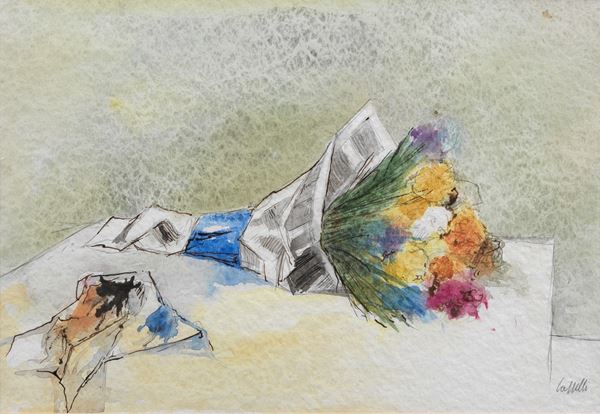Giovanni Cappelli - Firmato. "Mazzo di fiori sul tavolo" china e acquarello su carta cm 24 x 35