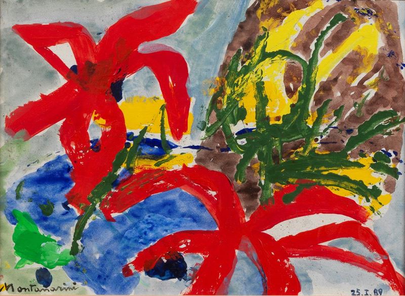 Firmato e datato 1989. "Palme" tecnica mista cm 21 x 29