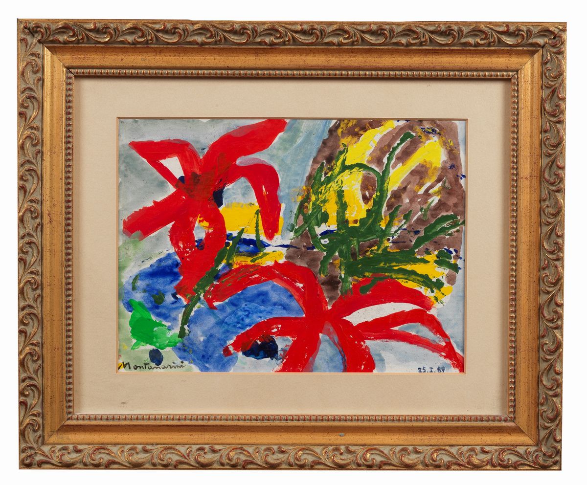 Firmato e datato 1989. "Palme" tecnica mista cm 21 x 29