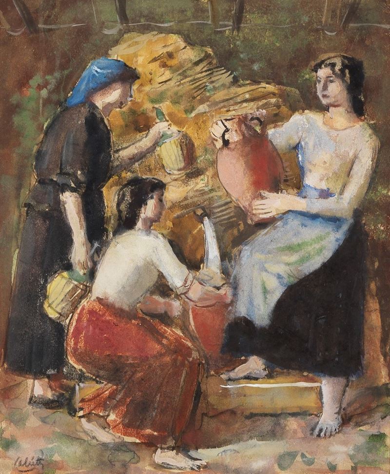 Firmato. "Contadine alla fonte" tempera su carta cm 22 x 18