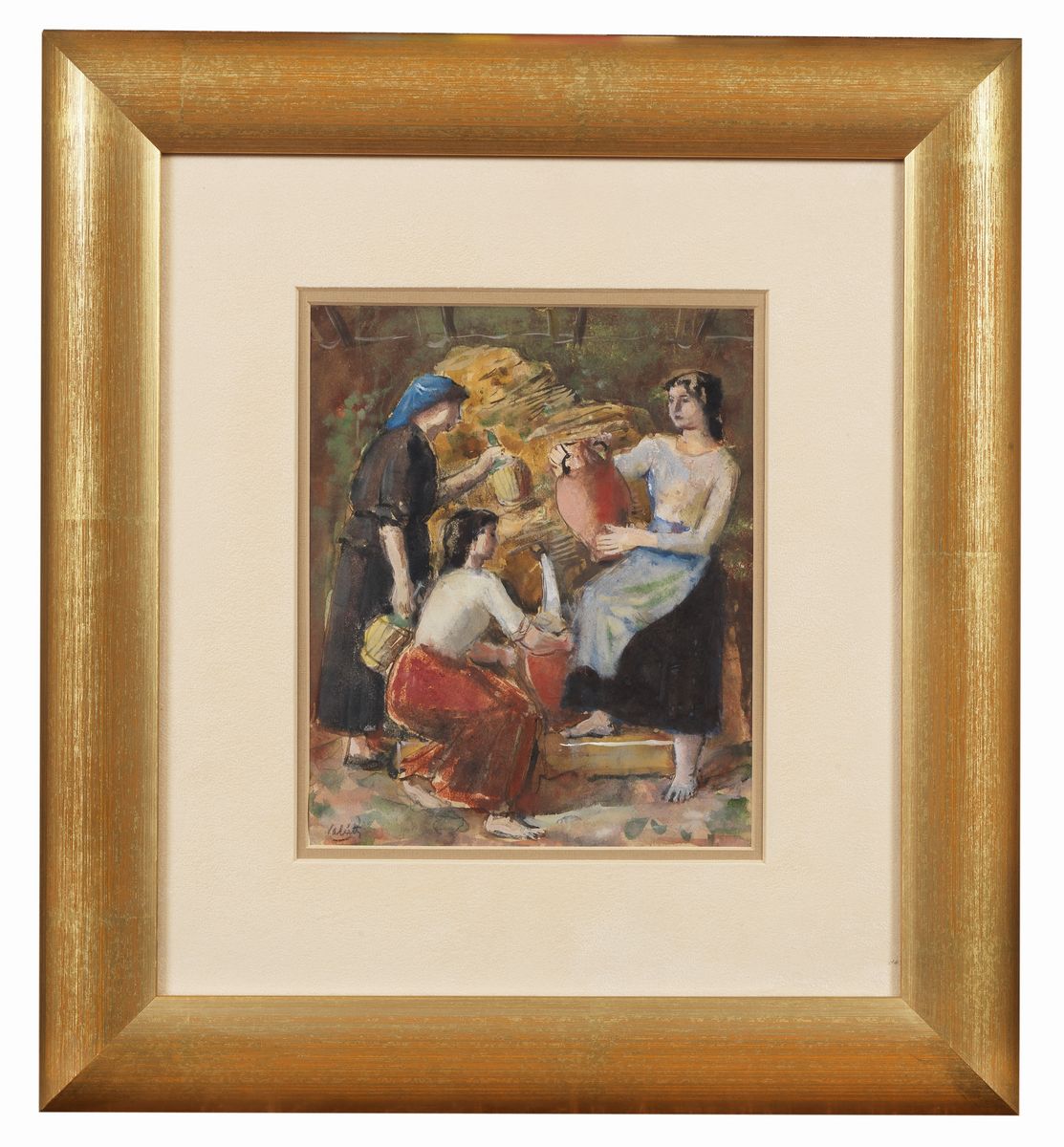 Firmato. "Contadine alla fonte" tempera su carta cm 22 x 18