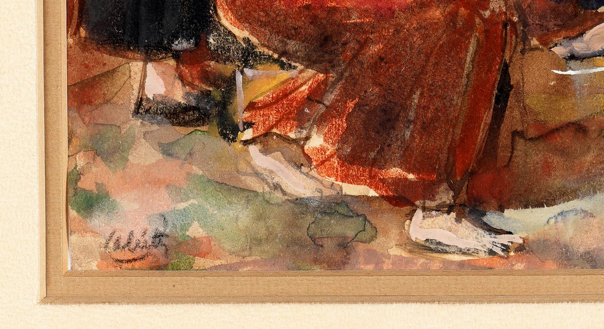 Firmato. "Contadine alla fonte" tempera su carta cm 22 x 18