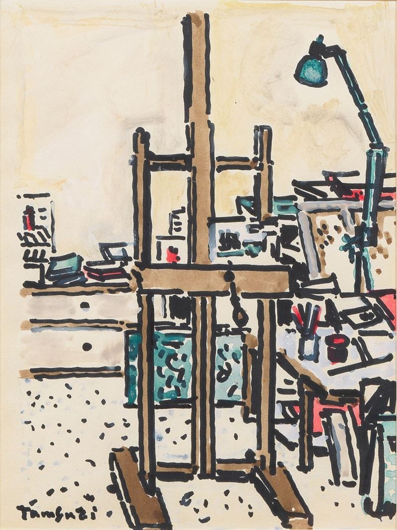 Firmato. "Studio di pittore" acquarello su carta cm 22 x 17