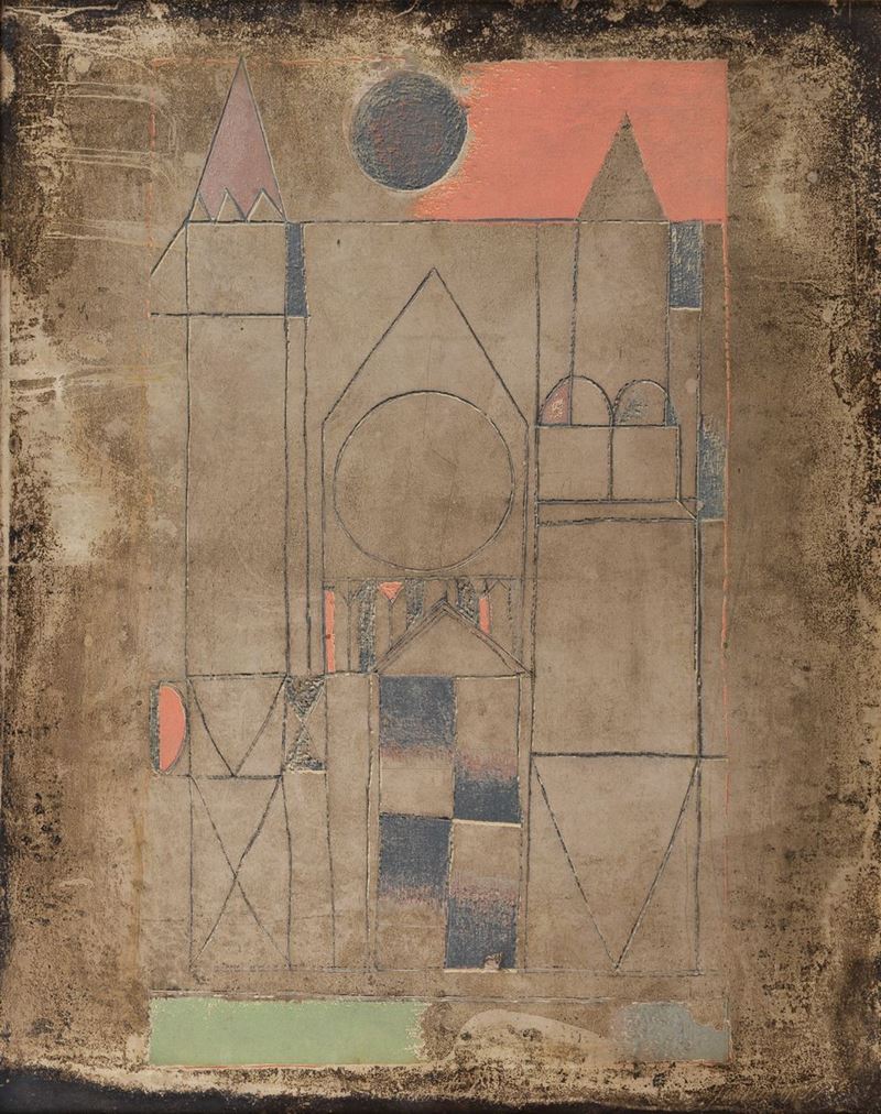 Firmato. "Cattedrale" tecnica mista su lastra di metallo cm 50 x 40