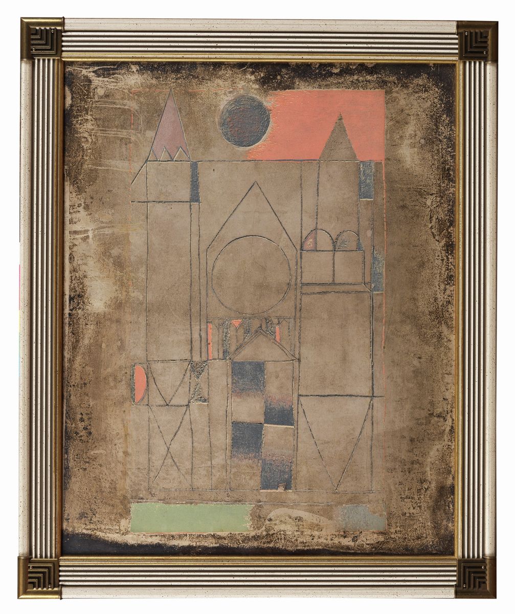 Firmato. "Cattedrale" tecnica mista su lastra di metallo cm 50 x 40