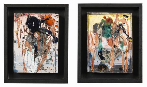 Giorgio Moiso - Signed. "I'm still studying" and "Complicated structure" pair of ceramic tiles painted with oil and enamel cm 24 x 18 each