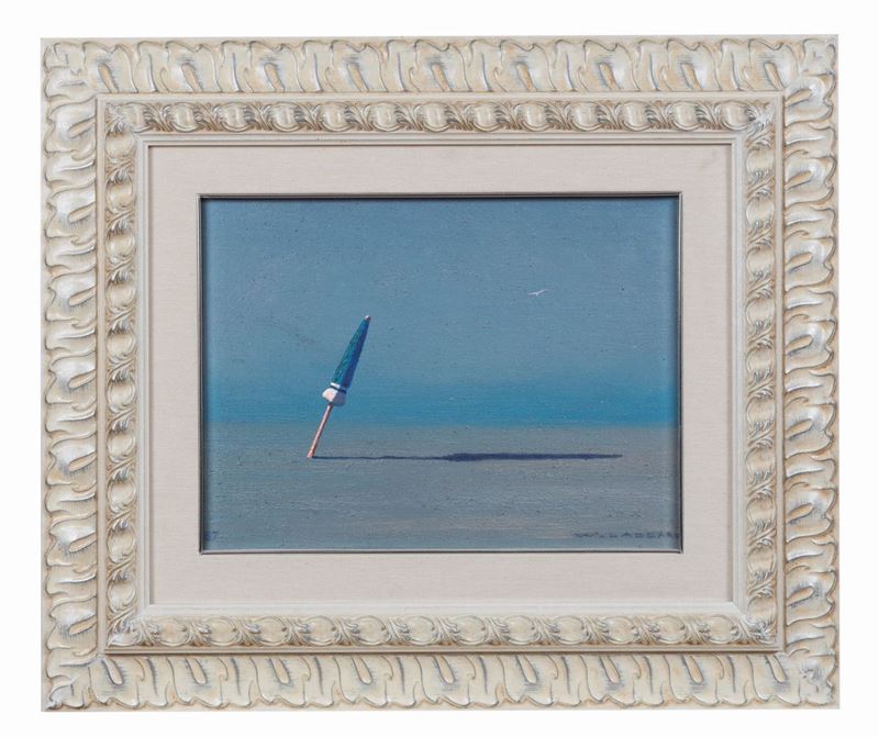 Firmato e datato 1987. "Due solitari" olio su tela cm 30 x 40