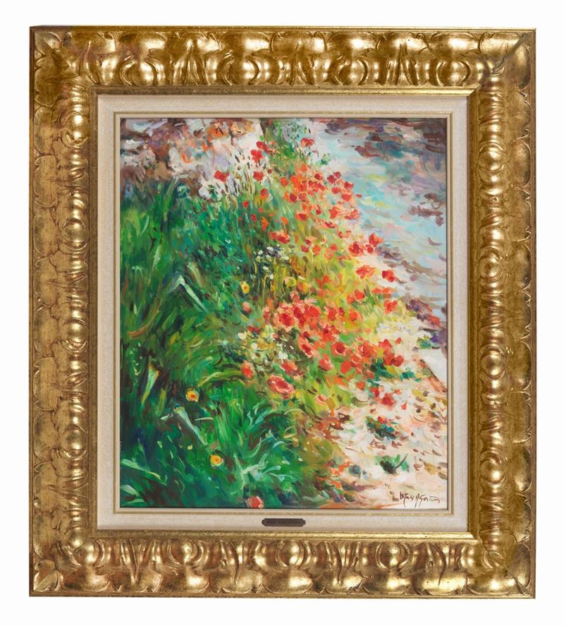 Firmato. "Talus au coquelicots" olio su tela cm 56 x 46.