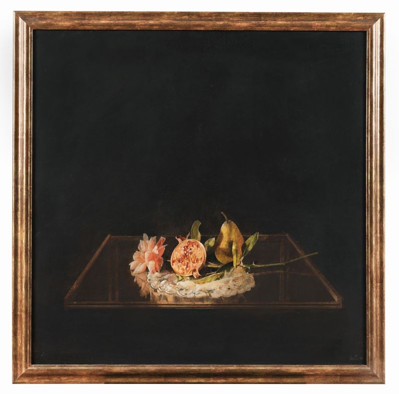 Firmato e datato 1994. "Melograna, pera e rosa" olio su tela cm 100 x 100