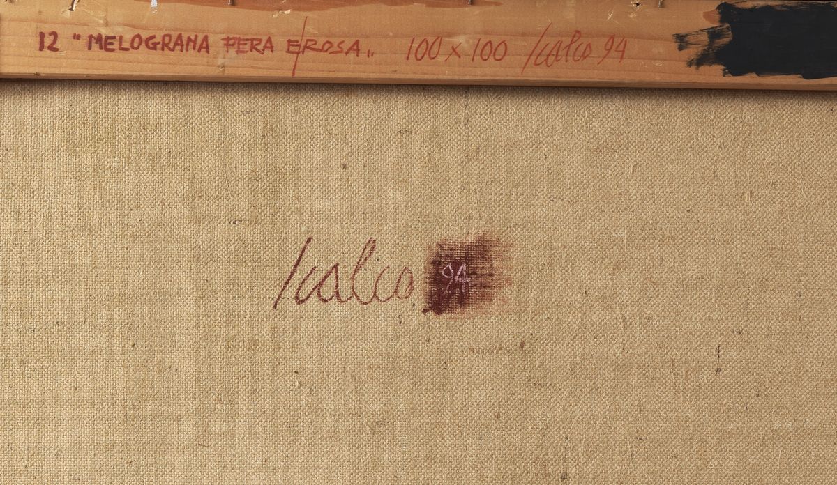 Firmato e datato 1994. "Melograna, pera e rosa" olio su tela cm 100 x 100