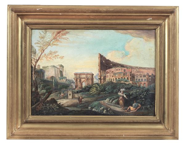 Scuola Romana Fine XVIII - Inizio XIX Secolo - "View of the Colosseum with fantasy of Roman monuments and characters", small oil painting on canvas of excellent pictorial execution