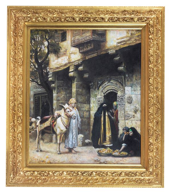 Pittore Inglese Orientalista XIX Secolo - Firmato. "Scorcio di case arabe con venditrici di frutta", dipinto ad olio su tela