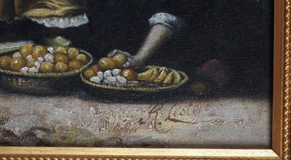 Firmato. "Scorcio di case arabe con venditrici di frutta", dipinto ad olio su tela