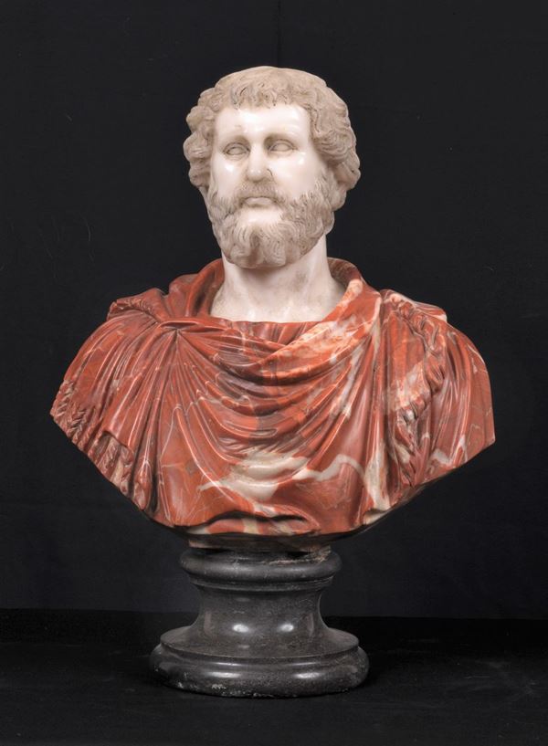 "Roman Emperor", bust in white marble and soft Sicilian jasper supported by a circular base