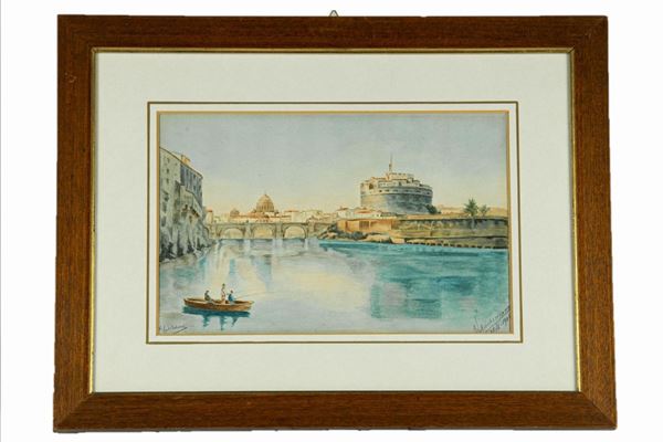 Pittore Tedesco Fine XIX Secolo - &quot;View of Castel Sant&#39;Angelo with San Pietro and the Tiber&quot;. Signed and dated