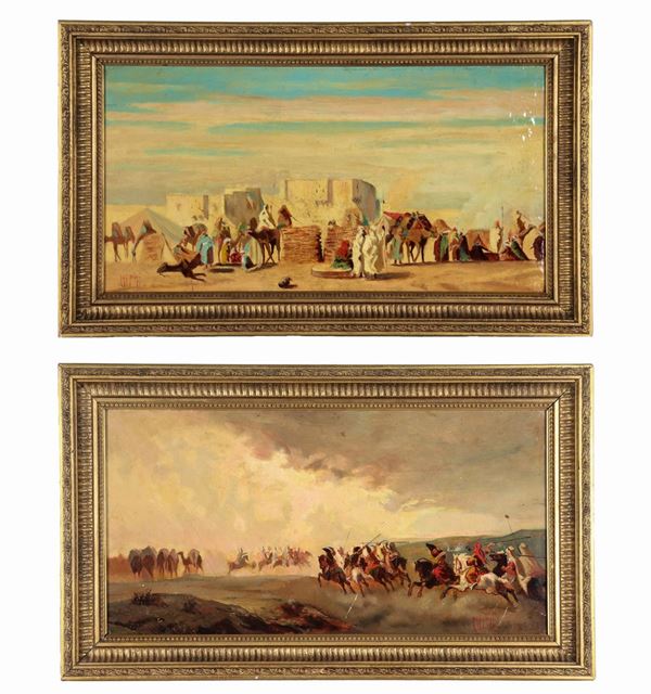 Vittorio Rappini - Signed. "Arab market with camels" and "Fighting scene", a pair of bright oil paintings on pressed cardboard