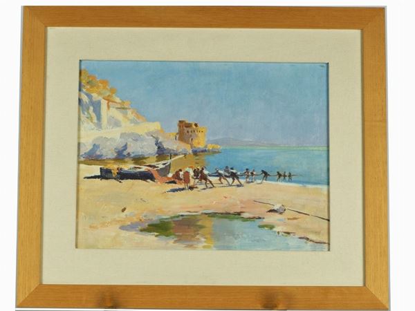 Pittore Italiano Inizio XX Secolo - &quot;Marina with a view of the tower and fishermen&quot;. Signed.