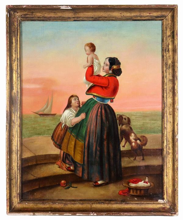Scuola Italiana XIX Secolo - "Mamma in costume popolare con figlioletti", dipinto ad olio su tela