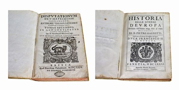 Lot of two ancient volumes "DISPVTATIONVM DE S.to WEDDINGS SACRAMENT. AVTHORE THOMA SANCHEZ. YEAR 1624" and "HISTORIA DELLE GVERRE D'EUROPA Arriuate from the year 1643 to 1680. VENETIA 1681"