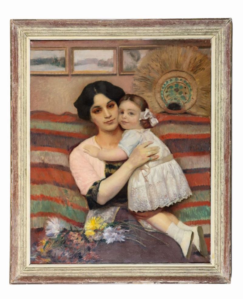 Firmato e datato 1914. "Mamma con figlia", pregevole dipinto ad olio su tela