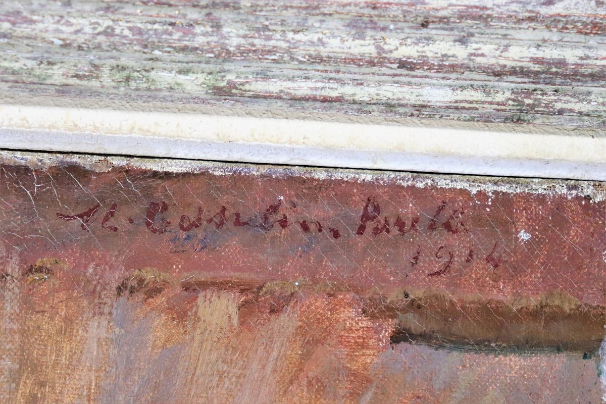 Firmato e datato 1914. "Mamma con figlia", pregevole dipinto ad olio su tela