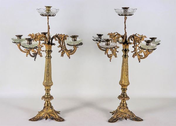 Pair of candelabra in gilded, chiseled and embossed bronze, 6 flames each