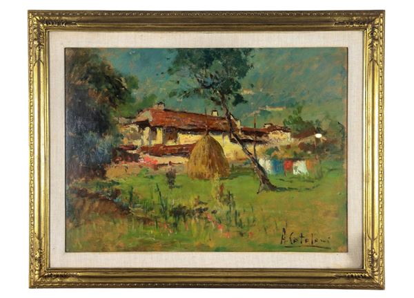 Alessandro Catalani - Firmato. "Paesaggio con casali e covone di grano", dipinto ad olio su cartone pressato