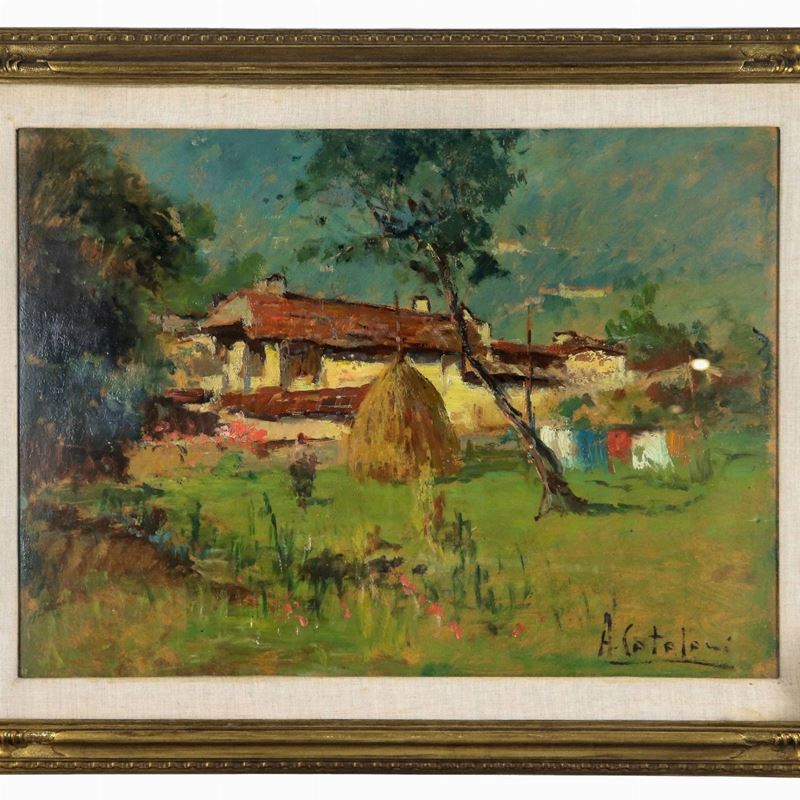 Firmato. "Paesaggio con casali e covone di grano", dipinto ad olio su cartone pressato