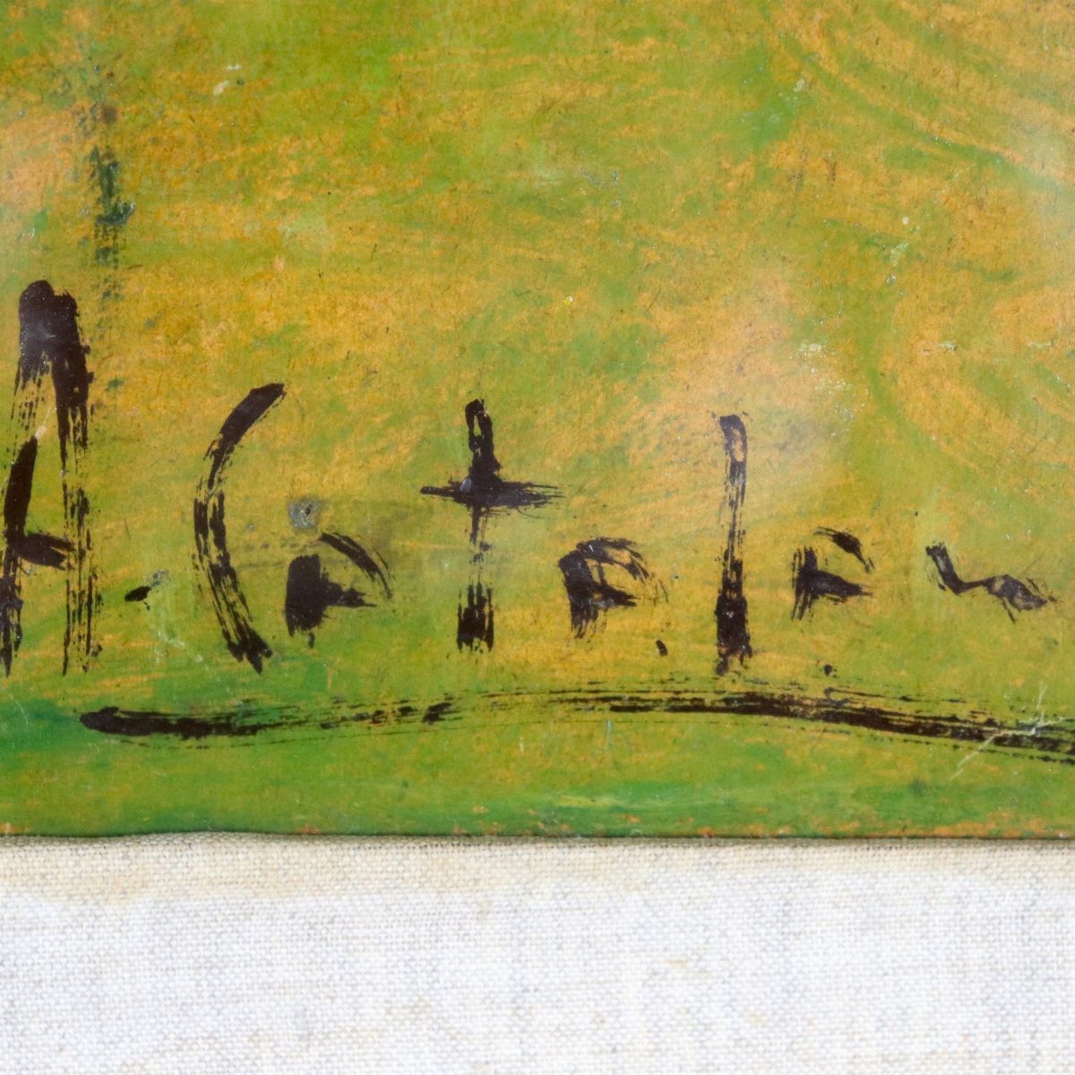 Firmato. "Paesaggio con casali e covone di grano", dipinto ad olio su cartone pressato