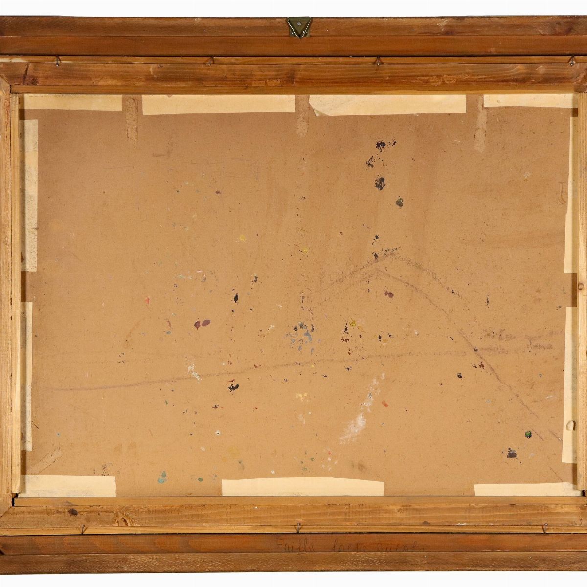 Firmato. "Paesaggio con casali e covone di grano", dipinto ad olio su cartone pressato