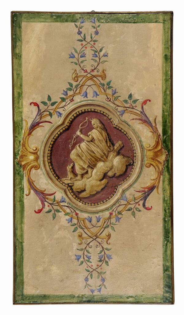 Strappo di antico affresco "Medaglione con intrecci floreali e scena mitologica al centro", montato su tela applicata a tavola