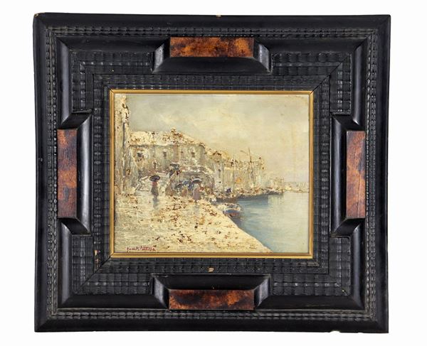 Fausto Pratella - Signed. "View of Venice under the snow", small oil painting on a tablet