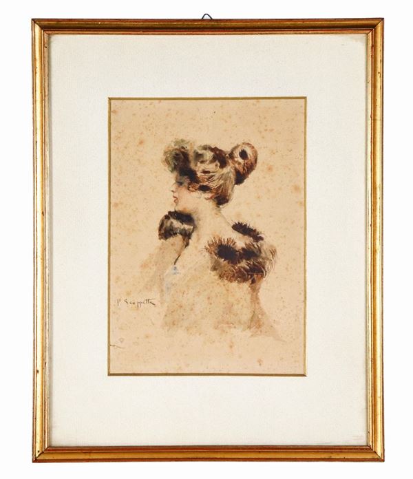 Pietro Scoppetta - Signed. "Portrait of a young girl", small watercolor on paper of excellent pictorial execution