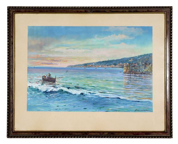 Pittore Italiano Fine XIX Secolo - Signed. "View of the Gulf of Naples with Palazzo Donn'Anna, boats and fishermen", lean oil and tempera on paper