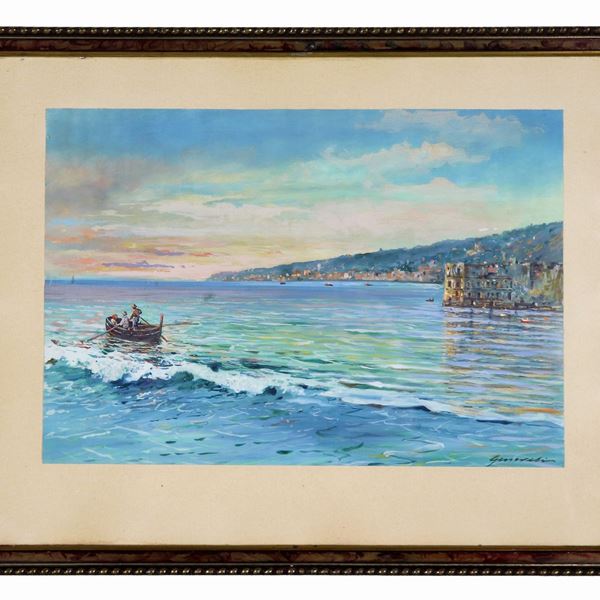 Pittore Italiano Fine XIX Secolo - Firmato. "Veduta del Golfo di Napoli con Palazzo Donn'Anna, barche e pescatori", dipinto ad olio magro e tempera su carta